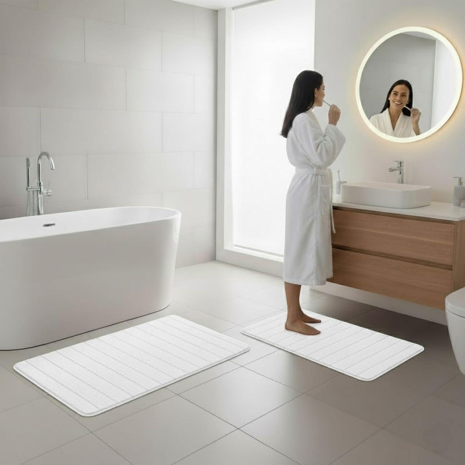 imageBathroom Rugs 2Piece Memory Foam Bath Mats with Microfiber Top NonSlip Absorbent Rugs for Shower Laundry or Kitchen by Lavish Home White