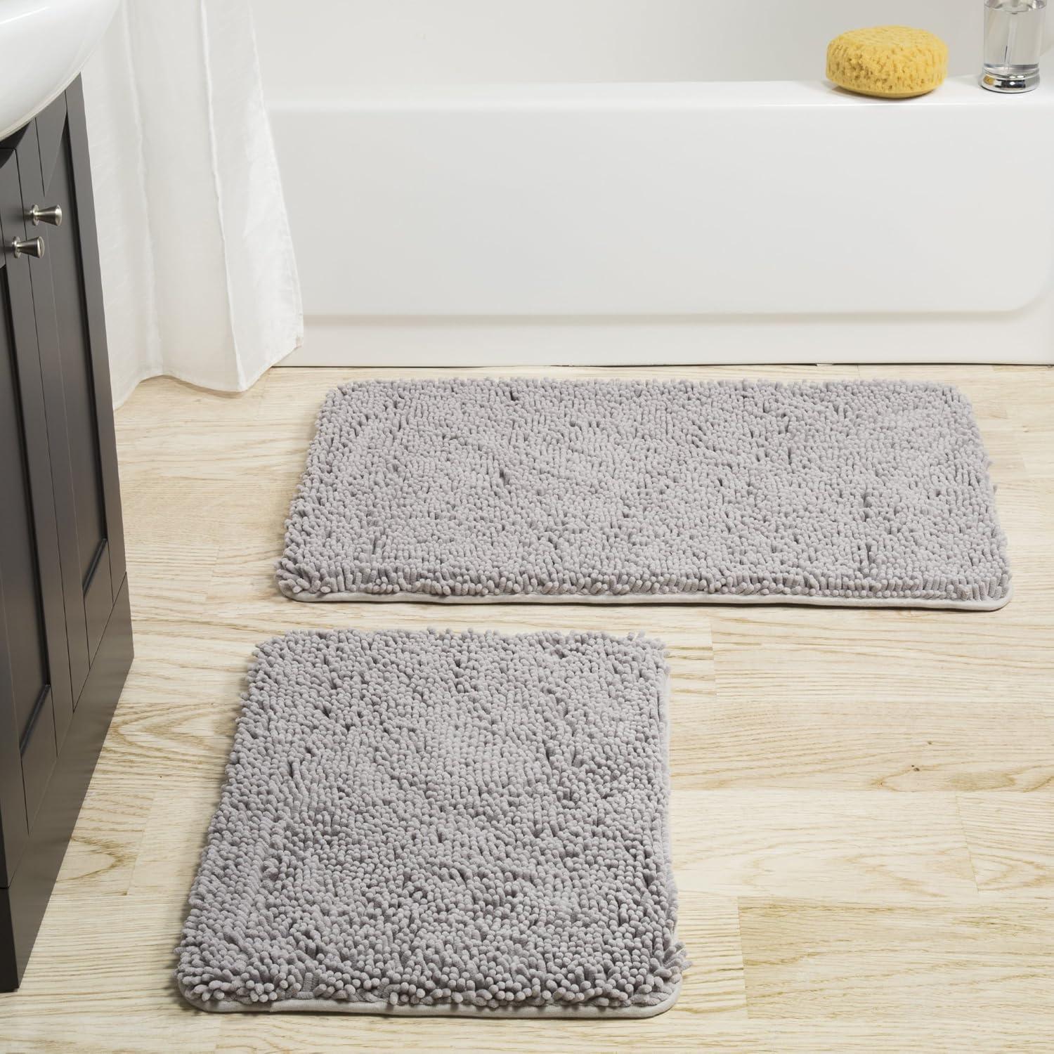 imageBathroom Rugs 2Piece Memory Foam Bathroom Set with Chenille Shag Top and NonSlip Base Machine Washable Bath Rugs by Lavish Home Gray