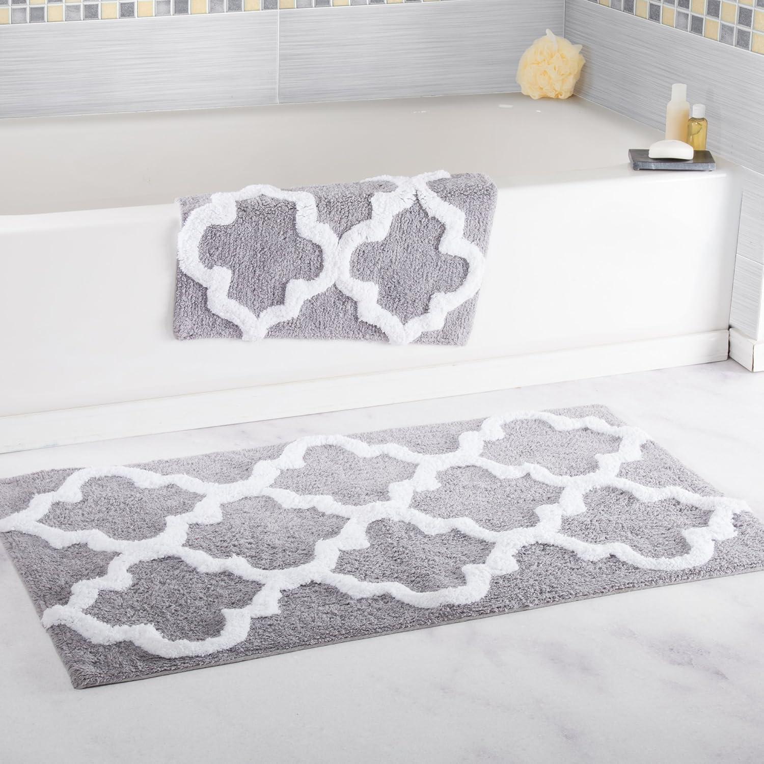 imageLavish Home 2 Piece Bathroom Rug Set 41x245 Inch and 34x21 Inch 100 Cotton Bath Mats with Textured Trellis Print for Elegant Bathroom Decor Bath Rugs Non Slip Washable Bathmats SilverSilver
