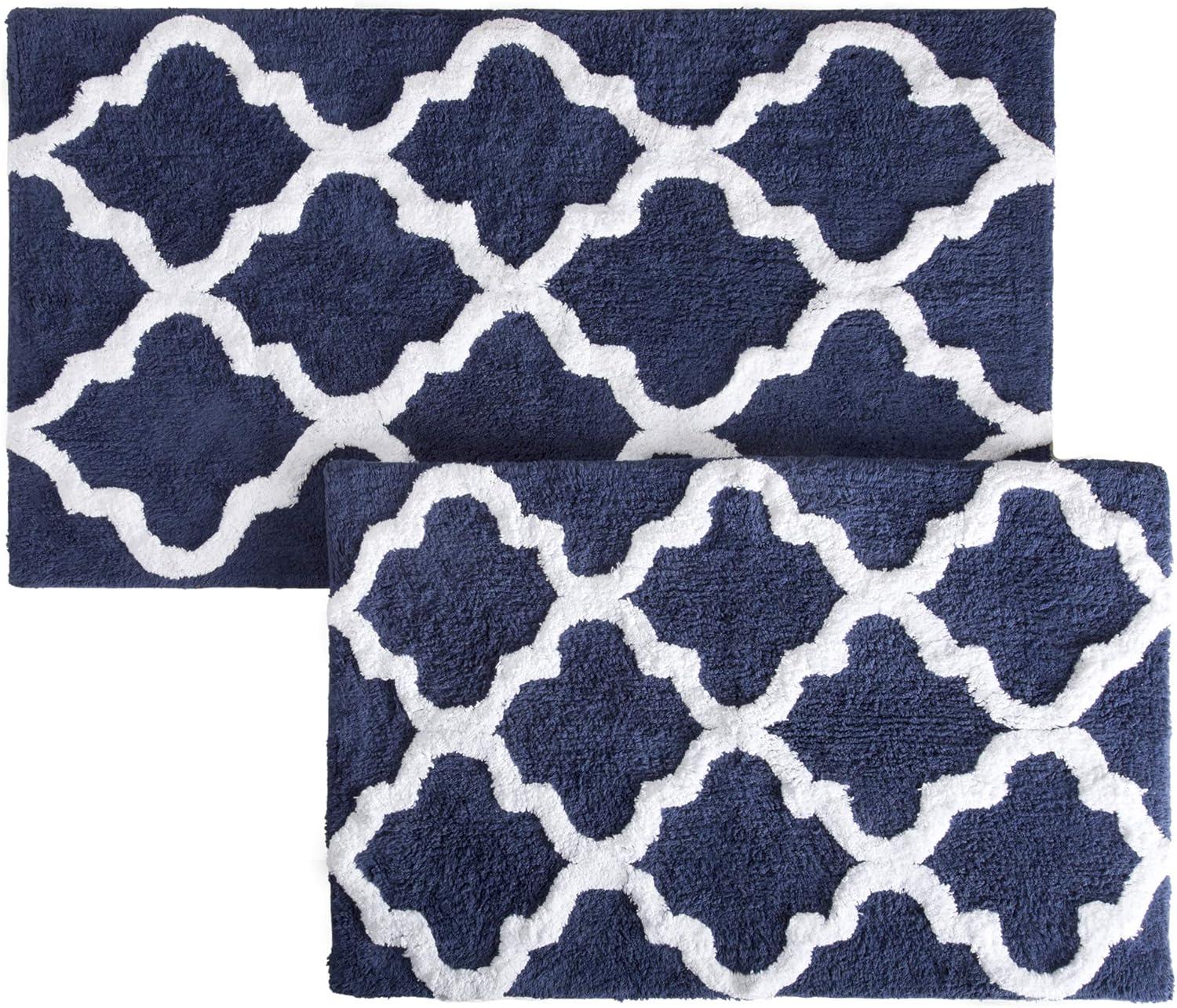 imageLavish Home 2 Piece Bathroom Rug Set 41x245 Inch and 34x21 Inch 100 Cotton Bath Mats with Textured Trellis Print for Elegant Bathroom Decor Bath Rugs Non Slip Washable Bathmats SilverNavy