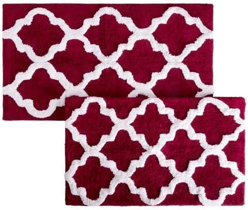imageLavish Home 2 Piece Bathroom Rug Set 41x245 Inch and 34x21 Inch 100 Cotton Bath Mats with Textured Trellis Print for Elegant Bathroom Decor Bath Rugs Non Slip Washable Bathmats SilverBurgundy