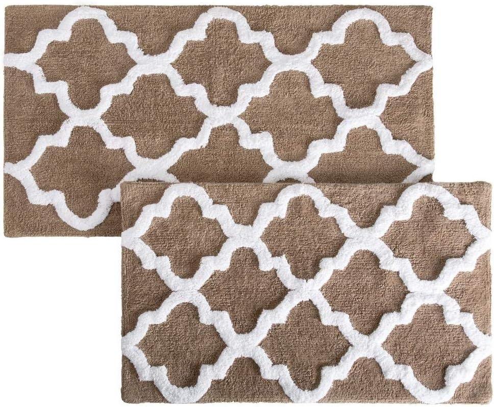 imageLavish Home 2 Piece Bathroom Rug Set 41x245 Inch and 34x21 Inch 100 Cotton Bath Mats with Textured Trellis Print for Elegant Bathroom Decor Bath Rugs Non Slip Washable Bathmats SilverTaupe