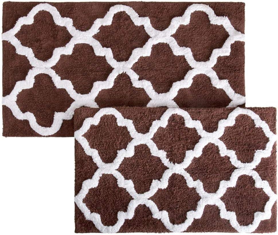 imageLavish Home 2 Piece Bathroom Rug Set 41x245 Inch and 34x21 Inch 100 Cotton Bath Mats with Textured Trellis Print for Elegant Bathroom Decor Bath Rugs Non Slip Washable Bathmats SilverChocolate