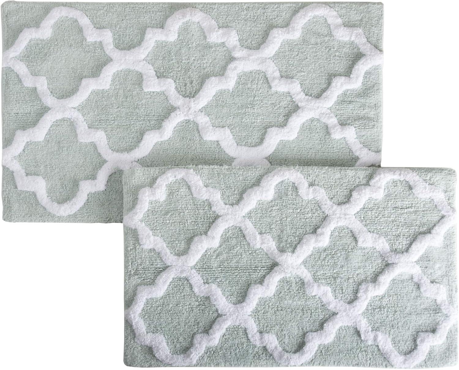 imageLavish Home 2 Piece Bathroom Rug Set 41x245 Inch and 34x21 Inch 100 Cotton Bath Mats with Textured Trellis Print for Elegant Bathroom Decor Bath Rugs Non Slip Washable Bathmats SilverSeafoam
