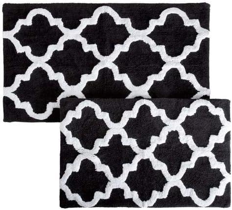 imageLavish Home 2 Piece Bathroom Rug Set 41x245 Inch and 34x21 Inch 100 Cotton Bath Mats with Textured Trellis Print for Elegant Bathroom Decor Bath Rugs Non Slip Washable Bathmats SilverBlack