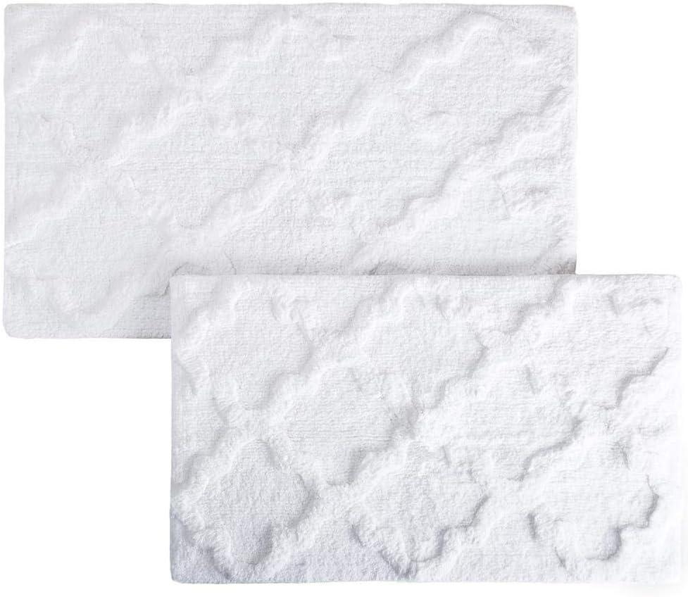 imageLavish Home 2 Piece Bathroom Rug Set 41x245 Inch and 34x21 Inch 100 Cotton Bath Mats with Textured Trellis Print for Elegant Bathroom Decor Bath Rugs Non Slip Washable Bathmats SilverWhite