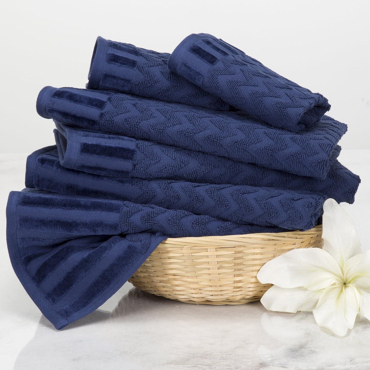 imageLavish Home 6Piece Cotton Deluxe Plush Bath Towel Set Chevron Pattern Plush Sculpted Spa Luxury Decorative Body Hand and Face Towels Navy 27x54quotx025quot