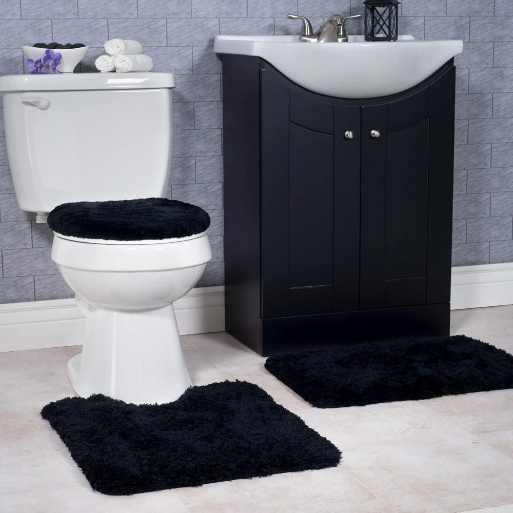 image3Piece Bathroom Rug Set NonSlip Bath Mat Set with Bath Rug Contour Mat and Toilet Lid Cover Machine Washable Mats by Lavish Home BlackBlack