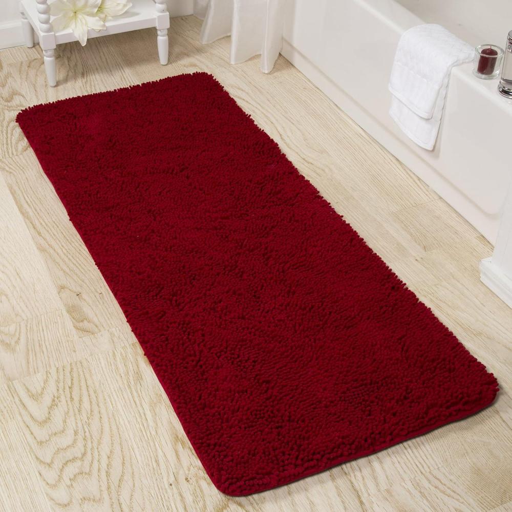 imageBath Mat 58x24Inch Bathroom Runner with NonSlip Backing Absorbent HighPile Chenille Memory Foam Bathroom Rug by Lavish Home WhiteBurgundy