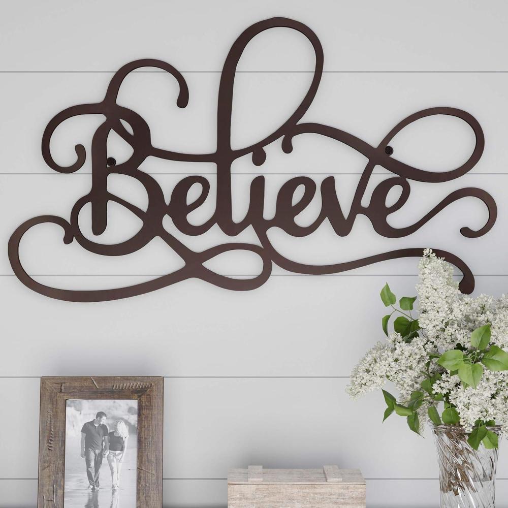 imageBelieve Wall Decor Decorative 3D Metal Cutout Word Art Sign for Modern Rustic and Vintage Farmhouse Decor by Lavish Home Distressed BrownBelieve
