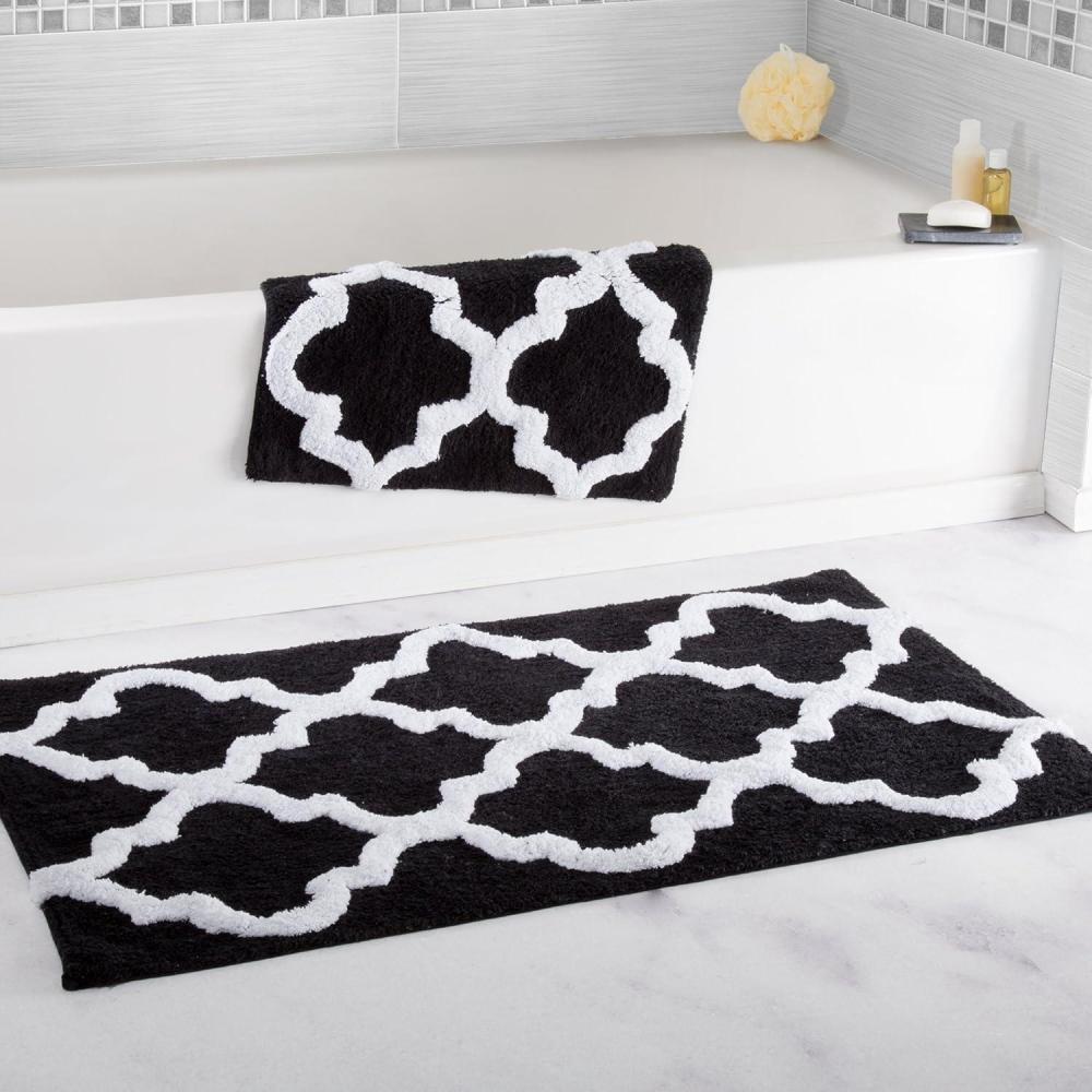 imageLavish Home 2 Piece Bathroom Rug Set 41x245 Inch and 34x21 Inch 100 Cotton Bath Mats with Textured Trellis Print for Elegant Bathroom Decor Bath Rugs Non Slip Washable Bathmats SilverBlack