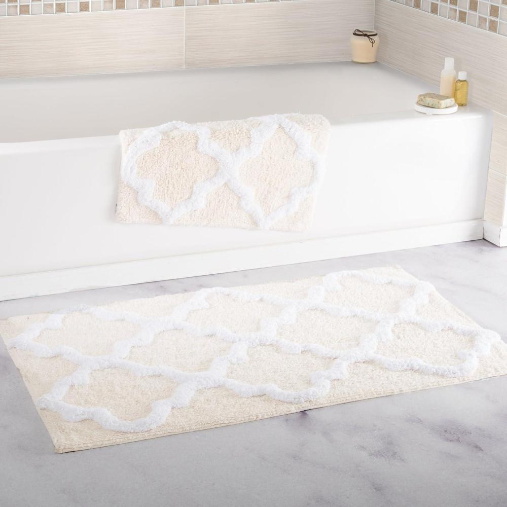 imageLavish Home 2 Piece Bathroom Rug Set 41x245 Inch and 34x21 Inch 100 Cotton Bath Mats with Textured Trellis Print for Elegant Bathroom Decor Bath Rugs Non Slip Washable Bathmats SilverBone