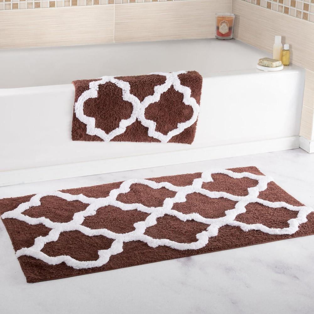 imageLavish Home 2 Piece Bathroom Rug Set 41x245 Inch and 34x21 Inch 100 Cotton Bath Mats with Textured Trellis Print for Elegant Bathroom Decor Bath Rugs Non Slip Washable Bathmats SilverChocolate