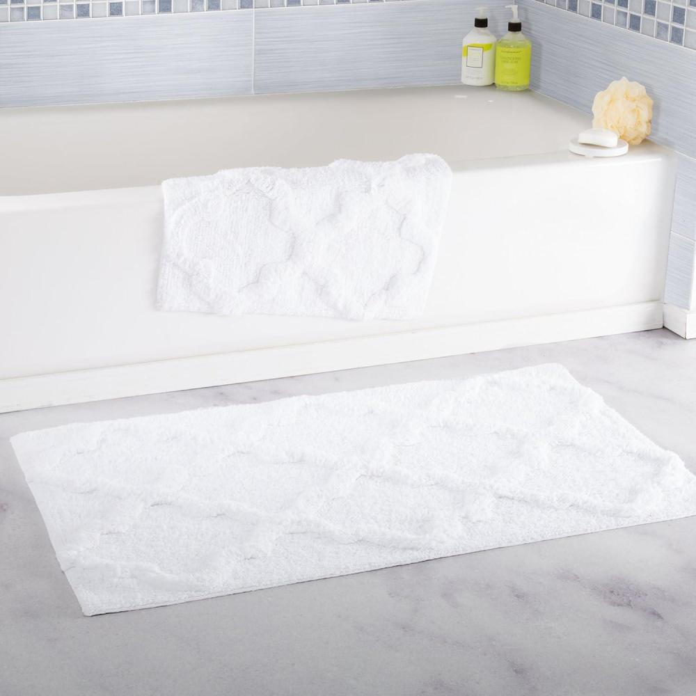 imageLavish Home 2 Piece Bathroom Rug Set 41x245 Inch and 34x21 Inch 100 Cotton Bath Mats with Textured Trellis Print for Elegant Bathroom Decor Bath Rugs Non Slip Washable Bathmats SilverWhite