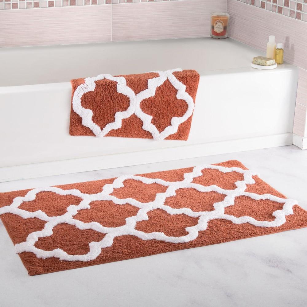 imageLavish Home 2 Piece Bathroom Rug Set 41x245 Inch and 34x21 Inch 100 Cotton Bath Mats with Textured Trellis Print for Elegant Bathroom Decor Bath Rugs Non Slip Washable Bathmats SilverBrick