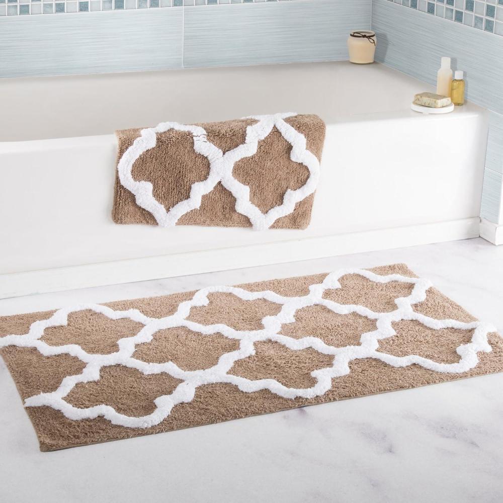 imageLavish Home 2 Piece Bathroom Rug Set 41x245 Inch and 34x21 Inch 100 Cotton Bath Mats with Textured Trellis Print for Elegant Bathroom Decor Bath Rugs Non Slip Washable Bathmats SilverTaupe