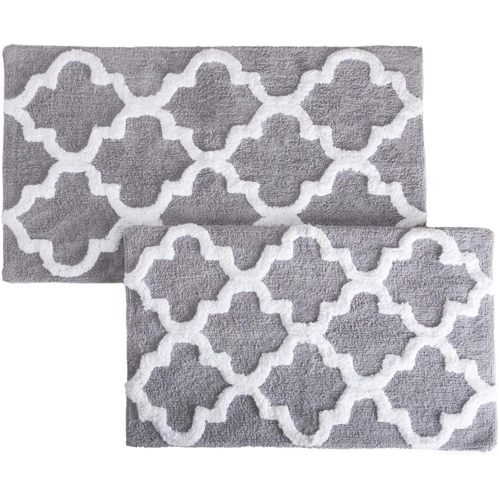 imageLavish Home 2 Piece Bathroom Rug Set 41x245 Inch and 34x21 Inch 100 Cotton Bath Mats with Textured Trellis Print for Elegant Bathroom Decor Bath Rugs Non Slip Washable Bathmats SilverSilver