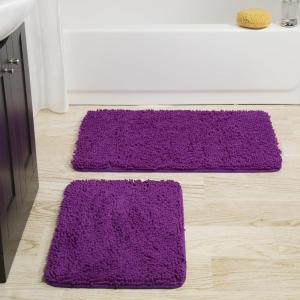 2 Piece Bathroom Rug Set – 32×21 Inch and 24×17 Inch Memory Foam Bath Mats with Chenille Shag Top for Stylish Bathroom Decor – Machine Washable Bath Rugs Set of 2 by Lavish Home (Purple)