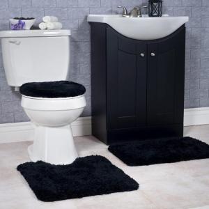 3-Piece Bathroom Rug Set – Non-Slip Bath Mat Set with Bath Rug, Contour Mat, and Toilet Lid Cover – Machine Washable Mats by Lavish Home (Black)(Black)