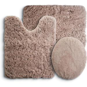3-Piece Bathroom Rug Set – Non-Slip Bath Mat Set with Bath Rug, Contour Mat, and Toilet Lid Cover – Machine Washable Mats by Lavish Home (Black)(Taupe)