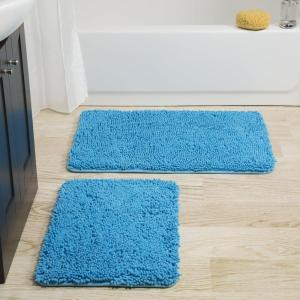 Lavish Home 2 Piece Bathroom Rug Set – 32×21 Inch and 24×17 Inch Memory Foam Bath Mats with Chenille Shag Top for Stylish Bathroom Decor – Machine Washable Bath Rugs Set of 2 (Blue)