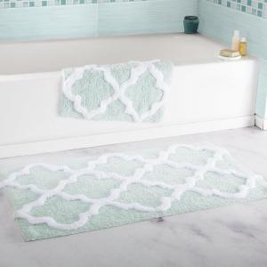 Lavish Home 2 Piece Bathroom Rug Set – 41×24.5 Inch and 34×21 Inch 100% Cotton Bath Mats with Textured Trellis Print for Elegant Bathroom Decor – Bath Rugs Non Slip Washable Bathmats (Silver)(Seafoam)