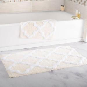 Lavish Home 2 Piece Bathroom Rug Set – 41×24.5 Inch and 34×21 Inch 100% Cotton Bath Mats with Textured Trellis Print for Elegant Bathroom Decor – Bath Rugs Non Slip Washable Bathmats (Silver)(Bone)