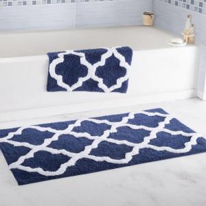Lavish Home 2 Piece Bathroom Rug Set – 41×24.5 Inch and 34×21 Inch 100% Cotton Bath Mats with Textured Trellis Print for Elegant Bathroom Decor – Bath Rugs Non Slip Washable Bathmats (Silver)(Navy)