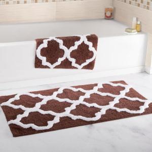 Lavish Home 2 Piece Bathroom Rug Set – 41×24.5 Inch and 34×21 Inch 100% Cotton Bath Mats with Textured Trellis Print for Elegant Bathroom Decor – Bath Rugs Non Slip Washable Bathmats (Silver)(Chocolate)