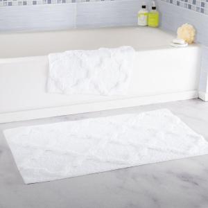 Lavish Home 2 Piece Bathroom Rug Set – 41×24.5 Inch and 34×21 Inch 100% Cotton Bath Mats with Textured Trellis Print for Elegant Bathroom Decor – Bath Rugs Non Slip Washable Bathmats (Silver)(White)