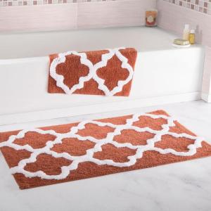 Lavish Home 2 Piece Bathroom Rug Set – 41×24.5 Inch and 34×21 Inch 100% Cotton Bath Mats with Textured Trellis Print for Elegant Bathroom Decor – Bath Rugs Non Slip Washable Bathmats (Silver)(Brick)