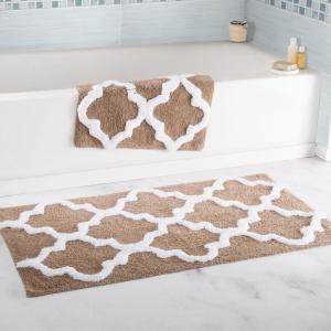 Lavish Home 2 Piece Bathroom Rug Set – 41×24.5 Inch and 34×21 Inch 100% Cotton Bath Mats with Textured Trellis Print for Elegant Bathroom Decor – Bath Rugs Non Slip Washable Bathmats (Silver)(Taupe)