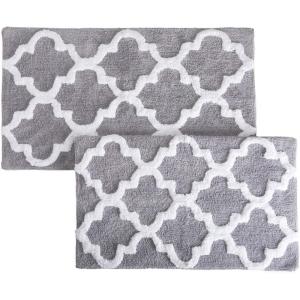 Lavish Home 2 Piece Bathroom Rug Set – 41×24.5 Inch and 34×21 Inch 100% Cotton Bath Mats with Textured Trellis Print for Elegant Bathroom Decor – Bath Rugs Non Slip Washable Bathmats (Silver)(Silver)
