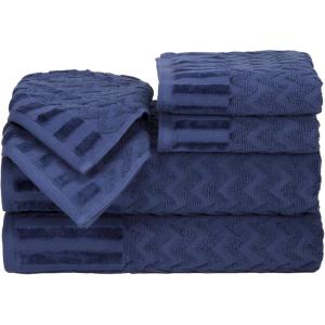 Lavish Home 6-Piece Cotton Deluxe Plush Bath Towel Set – Chevron Pattern Plush Sculpted Spa Luxury Decorative Body, Hand and Face Towels (Navy), 27’x54″x0.25″