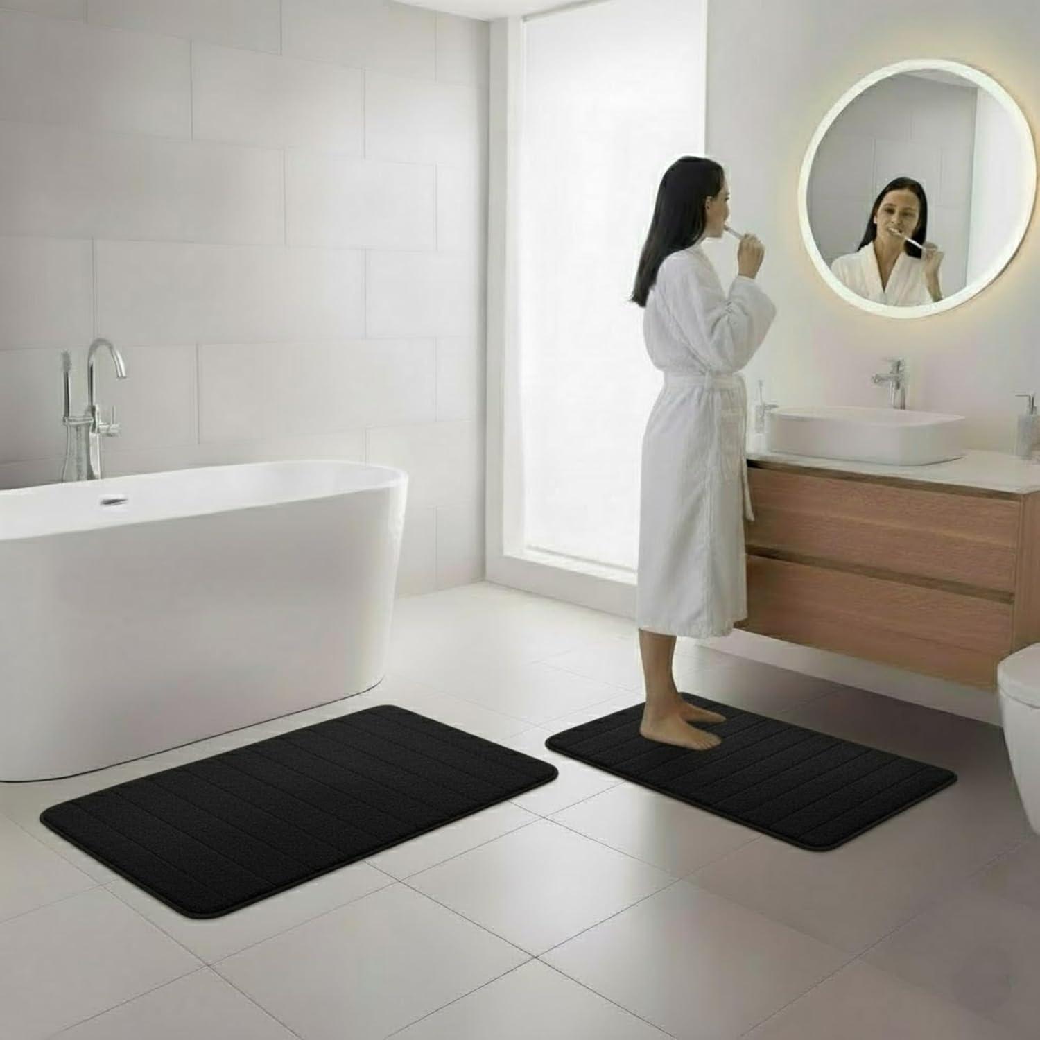imageBathroom Rugs 2Piece Memory Foam Bath Mats with Microfiber Top NonSlip Absorbent Rugs for Shower Laundry or Kitchen by Lavish Home Black