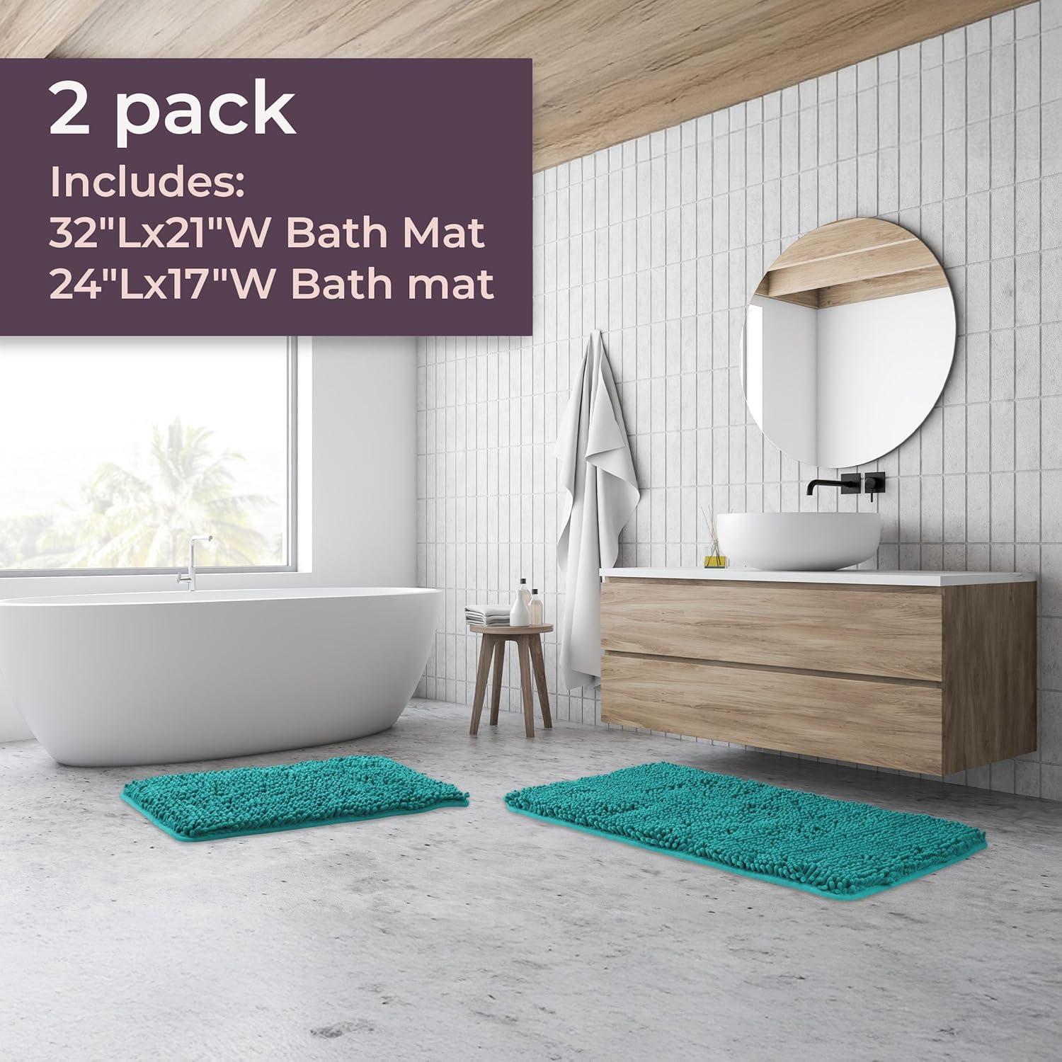 imageLavish Home 2 Piece Bathroom Rug Set 32x21 Inch and 24x17 Inch Memory Foam Bath Mats with Chenille Shag Top for Stylish Bathroom Decor Machine Washable Bath Rugs Set of 2 Seafoam Green
