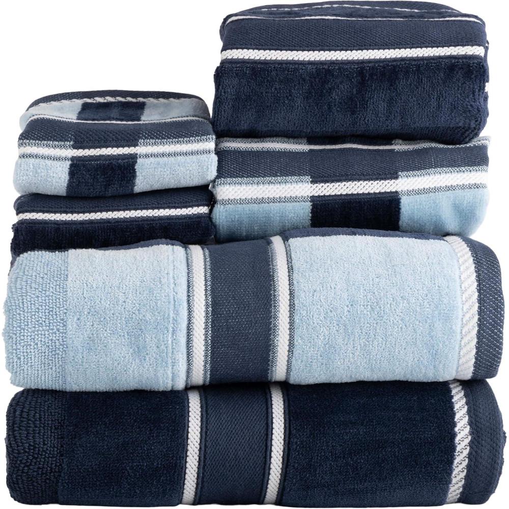 imageLavish Home 6 Piece Bathroom Towels Set 525 GSM 100 Cotton Bathroom Accessories 2 Bath Sheets 2 Hand Cloths and 2 Wash Cloths Soft Towel Set for Shower Gym Dorm and Spa BeigeNavy