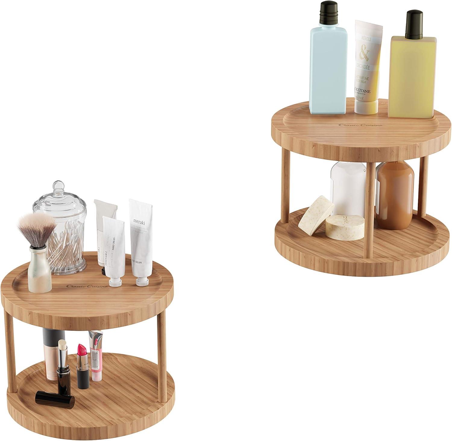 imageClassic Cuisine Lazy Susan AllNatural Bamboo Round Two Tier Turntable Kitchen Pantry and Vanity Organizer and Display with 10 Inch Diameter