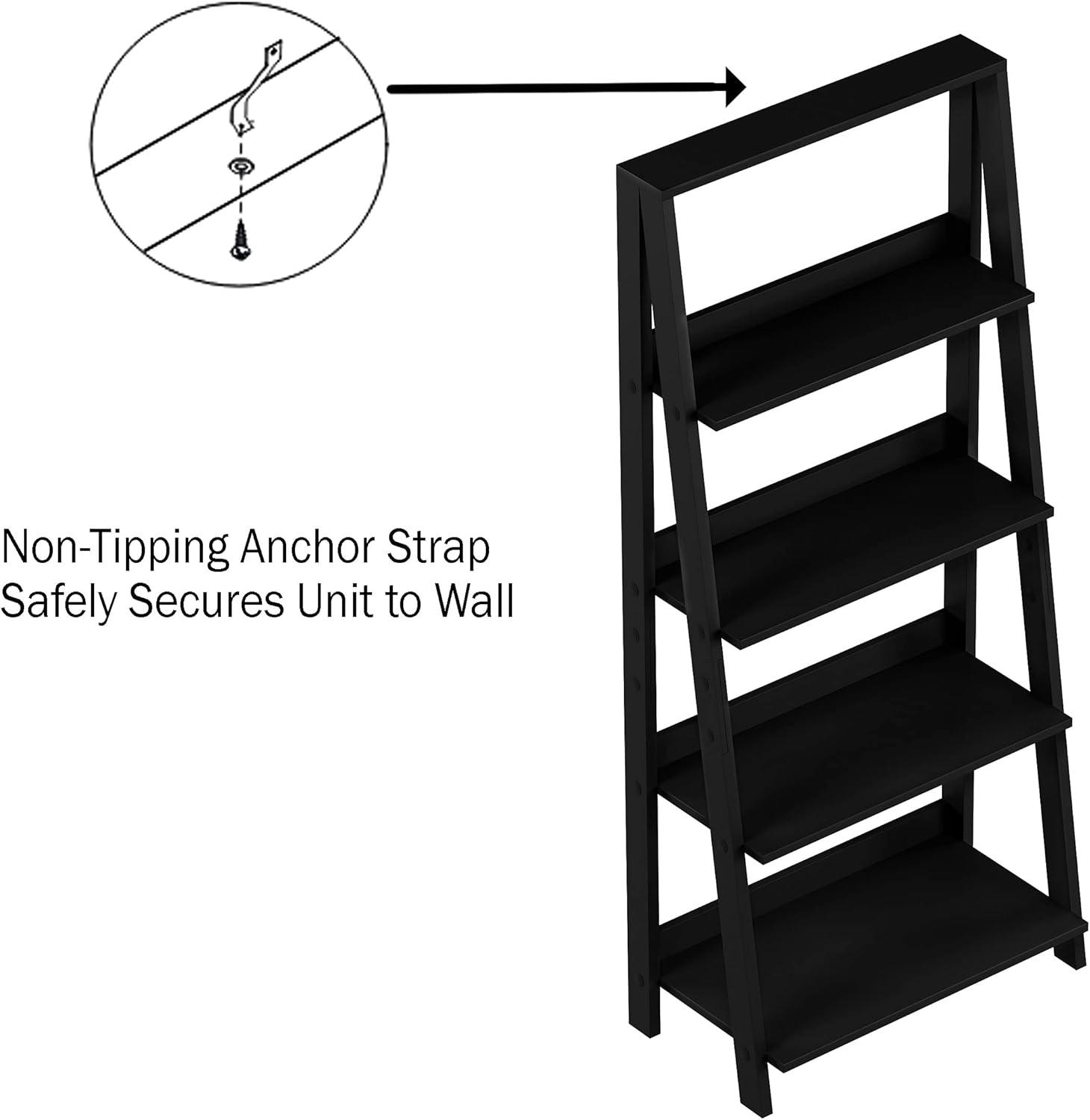 image4Tier Ladder Bookshelf Freestanding Shelved Bookcase with Leaning Look for Living Room Bathroom and Kitchen Storage by Lavish Home Black