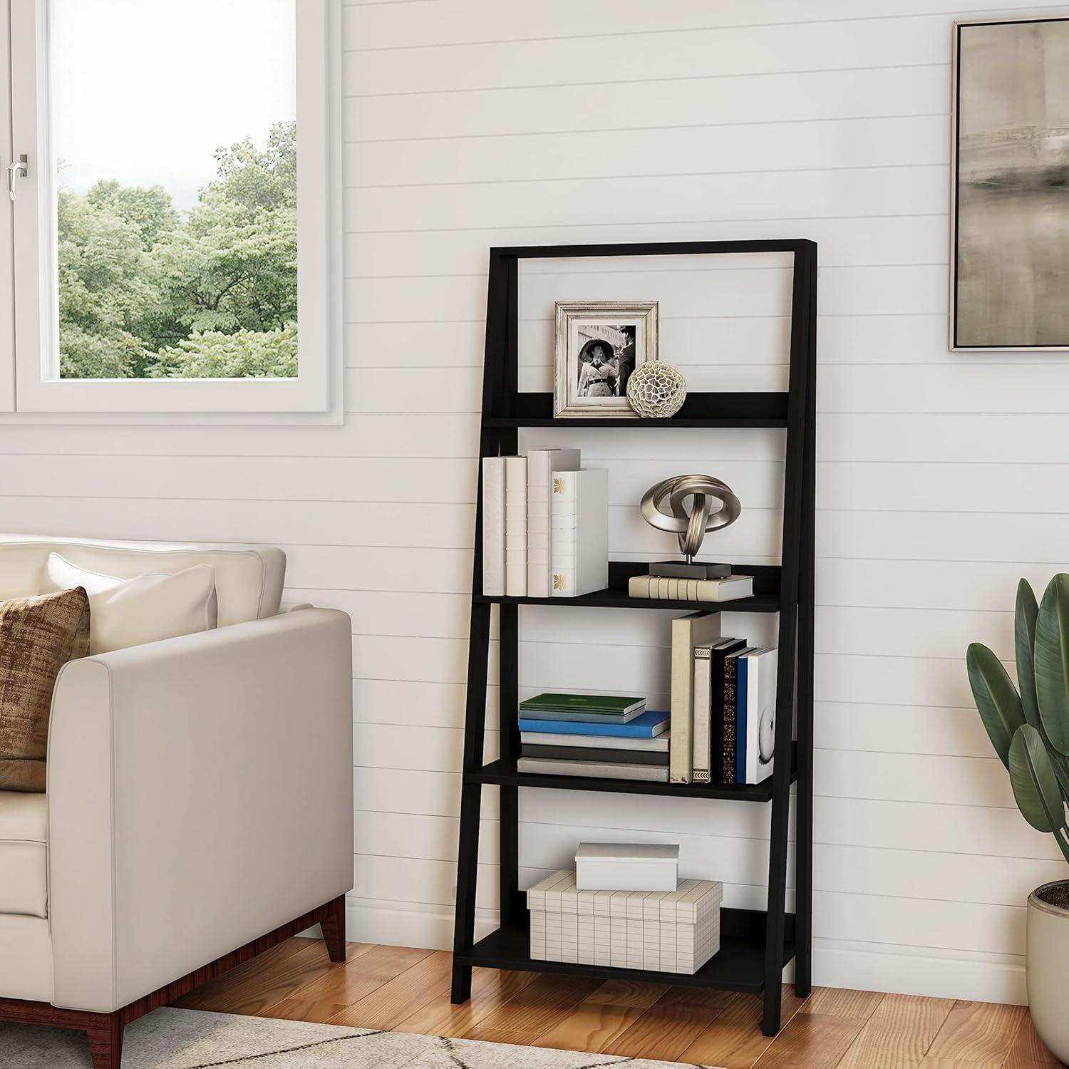 image4Tier Ladder Bookshelf Freestanding Shelved Bookcase with Leaning Look for Living Room Bathroom and Kitchen Storage by Lavish Home Black