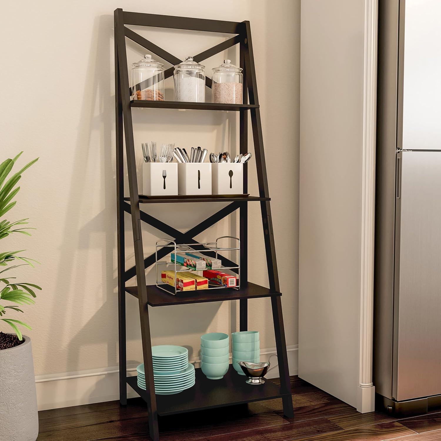 imageLavish Home 4Tier Ladder Bookshelf Set Set of 2 Free Standing Wooden Living Room Shelves Decorative Bookcases for Home and Office Black