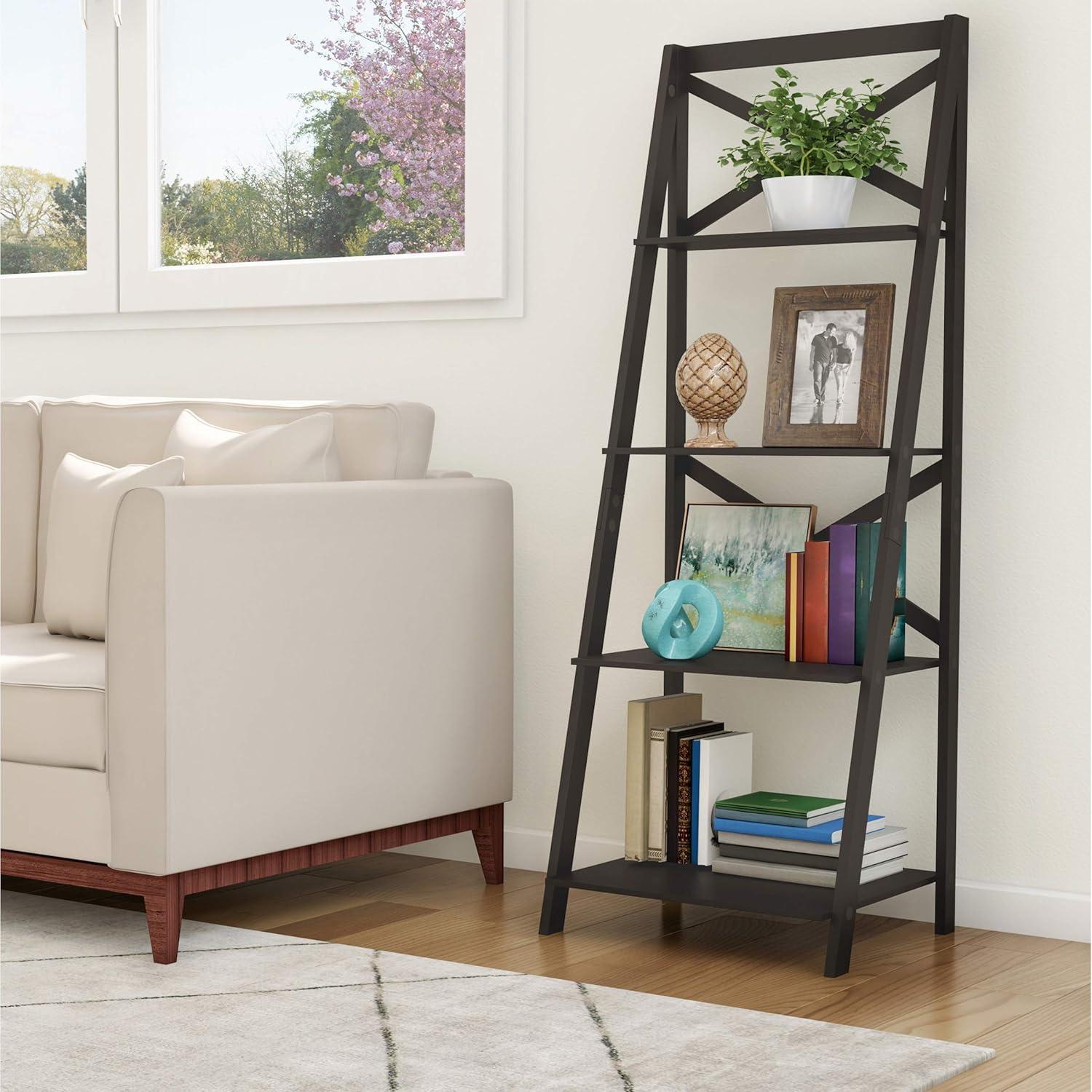 imageLavish Home 4Tier Ladder Bookshelf Set Set of 2 Free Standing Wooden Living Room Shelves Decorative Bookcases for Home and Office Black