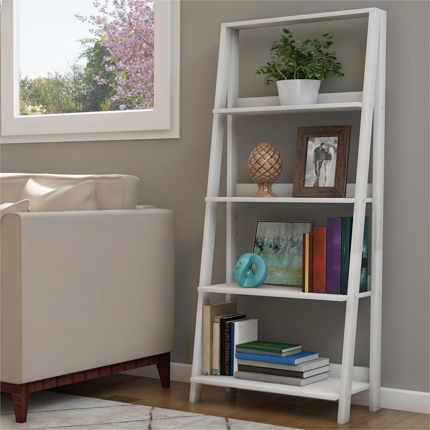 imageLavish Home 4Tier Ladder Bookshelf Set Set of 2 Free Standing Wooden Living Room Shelves Decorative Bookcases for Home and Office White