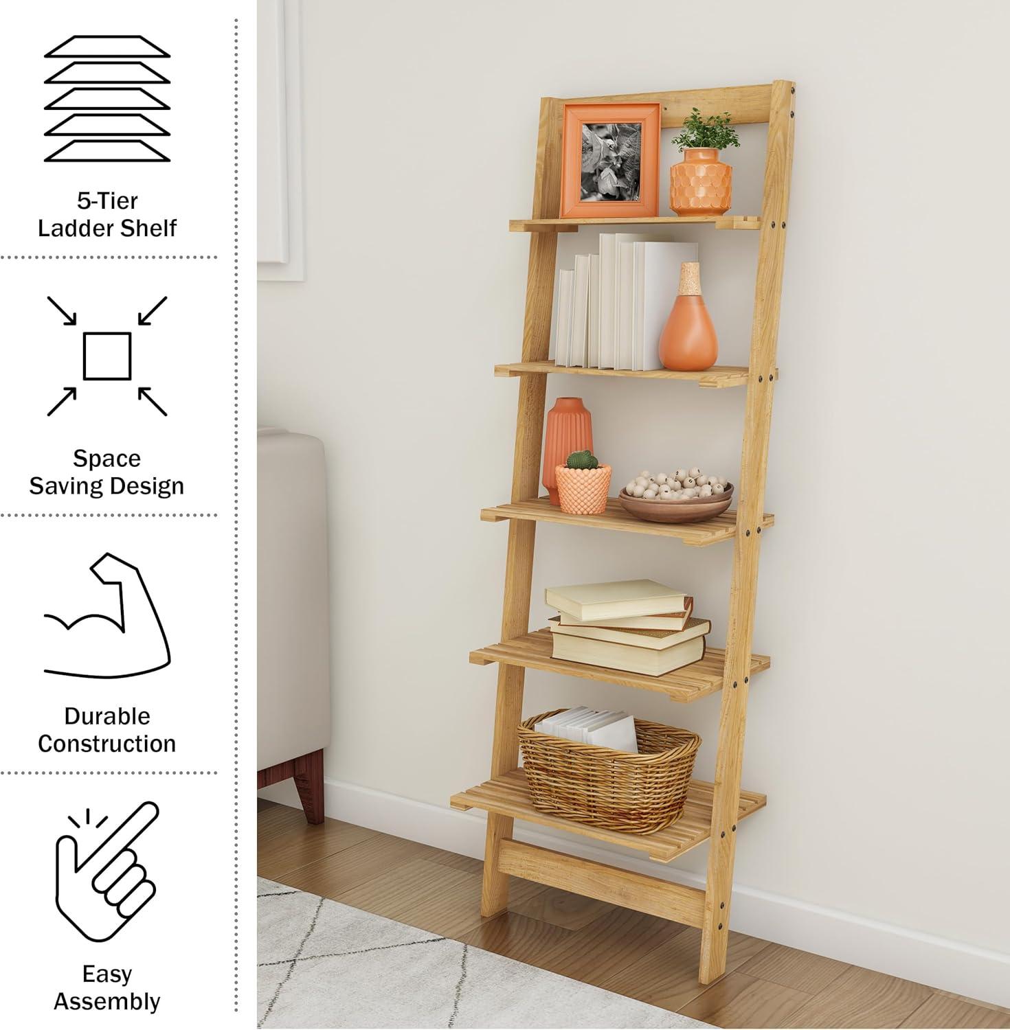 imageLavish Home 5Tier Ladder Shelf 50Inch Narrow Leaning Bookshelf Wooden Bookcase for Living Room Bathroom Kitchen Office or Bedroom Furniture Oak