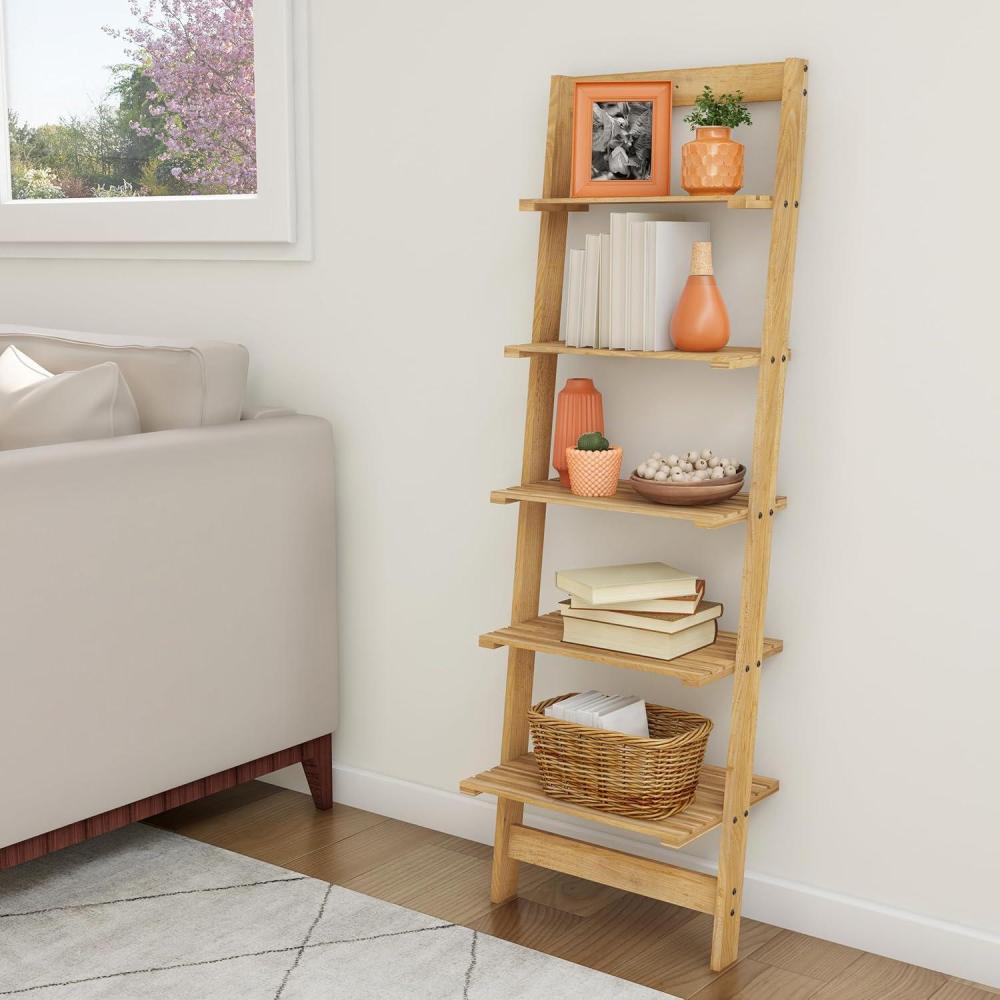 imageLavish Home 5Tier Ladder Shelf 50Inch Narrow Leaning Bookshelf Wooden Bookcase for Living Room Bathroom Kitchen Office or Bedroom Furniture Oak