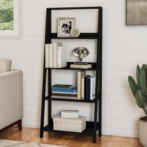 4-Tier Ladder Bookshelf – Freestanding Shelved Bookcase with Leaning Look for Living Room, Bathroom, and Kitchen Storage by Lavish Home (Black)