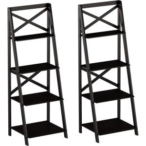 Lavish Home 4-Tier Ladder Bookshelf Set – Set of 2 Free Standing Wooden Living Room Shelves – Decorative Bookcases for Home and Office (Black)