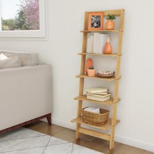 Lavish Home 5-Tier Ladder Shelf – 50-Inch Narrow Leaning Bookshelf – Wooden Bookcase for Living Room, Bathroom, Kitchen, Office, or Bedroom Furniture (Oak)