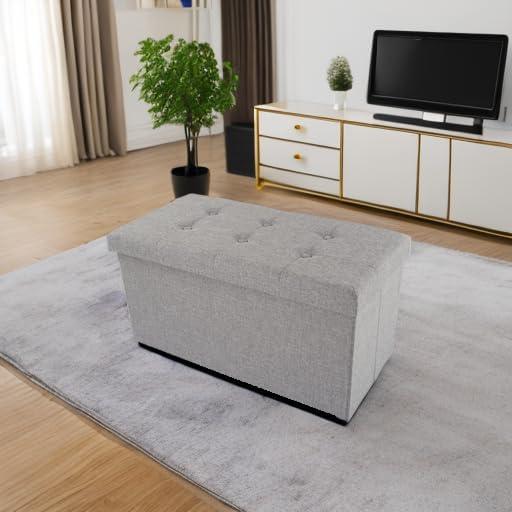imageLavish Home Storage Ottoman Folding Foot Rest Toy Chest or Shoe Bench Organizer with Removable BinLight Gray