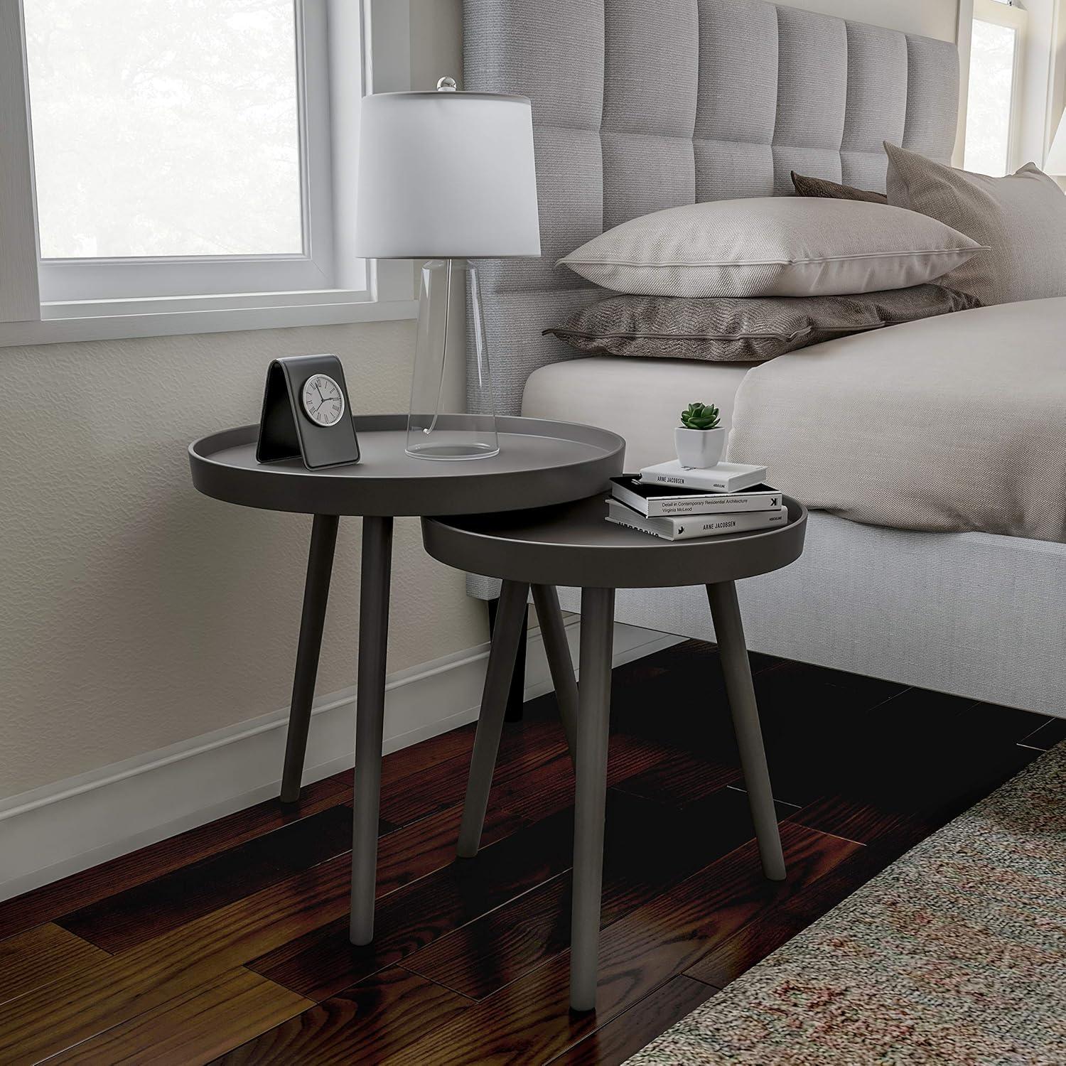 imageNesting Side Tables Set of 2 Round End Tables for Living Room Bedroom or Home Office Accent Table Set with Tray Tops MidCentury Modern Living Room Furniture by Lavish Home Gray